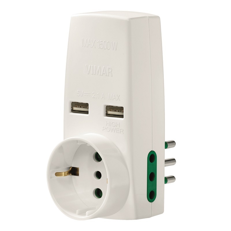 Adaptador Schuko USB Doble+2 Toma 10A Blanco